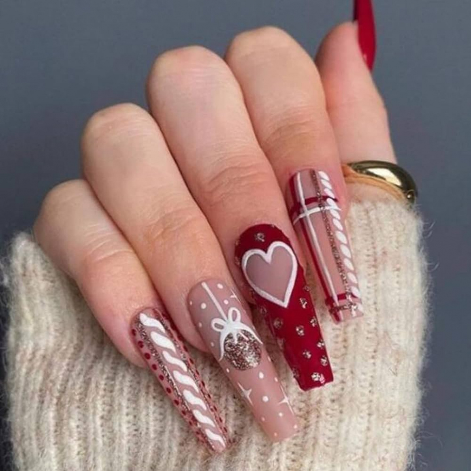 Pcs Christmas Press on Nails Long Coffin Fake Nails with Bell and Heart  Designs Glue on Nails Full Cover French Tip Acrylic Nails Stick on Nails