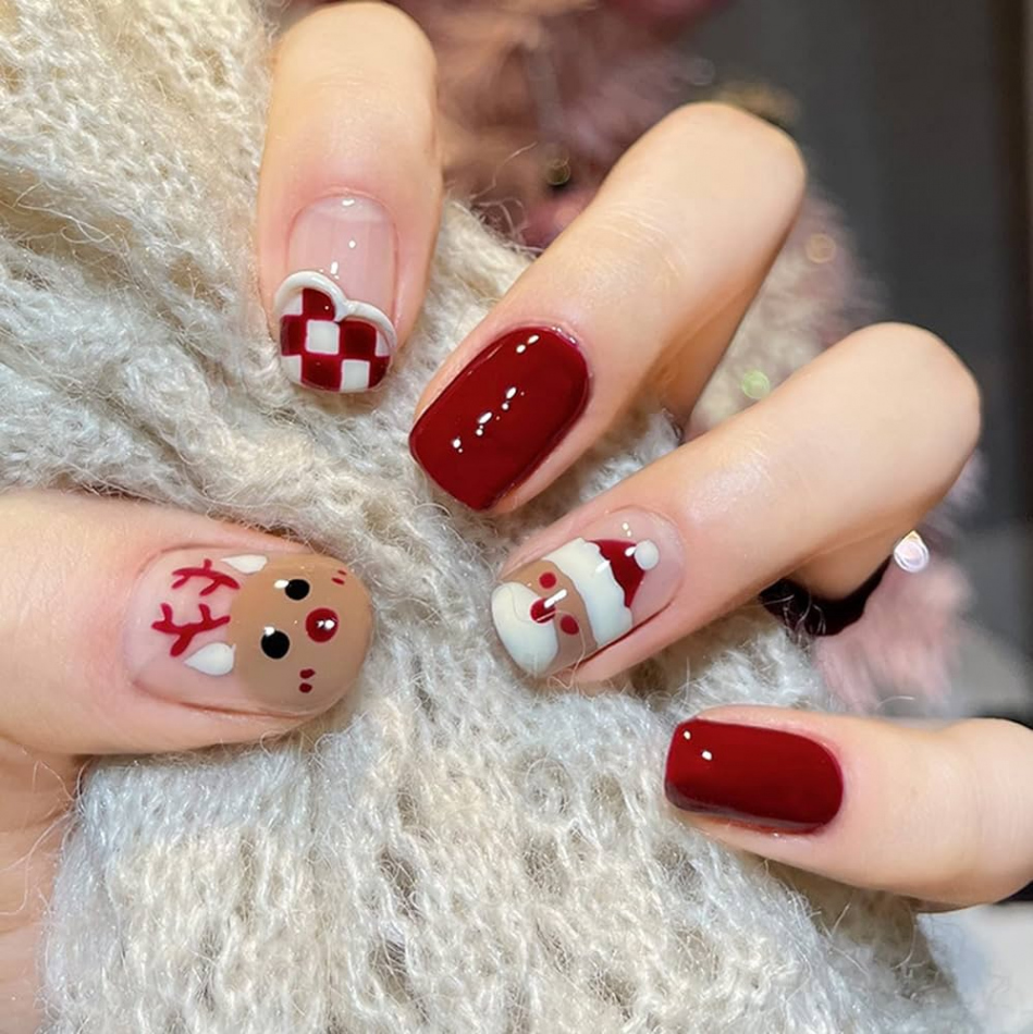 Pcs Short Christmas Press on Nails Square Shape Full Cover Acrylic Fake  Nails Christmas Nails with Elk Santa Claus Buffalo Plaid Design Glue on