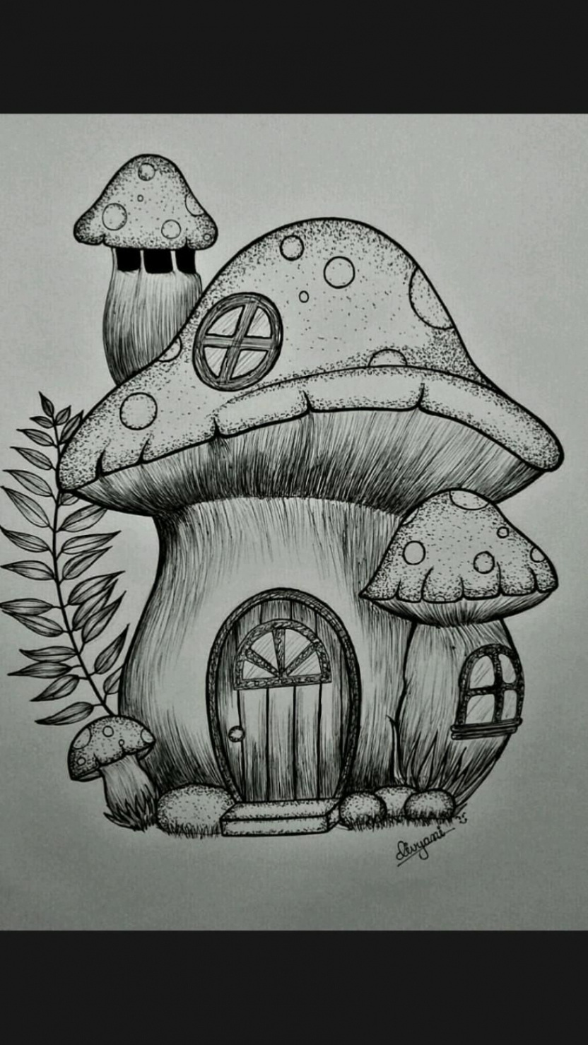 pen art  mushroom house  pen drawing  Art drawings sketches