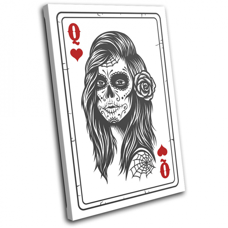 Poker Card Skull Queen Hearts Vintage SINGLE CANVAS WALL ART