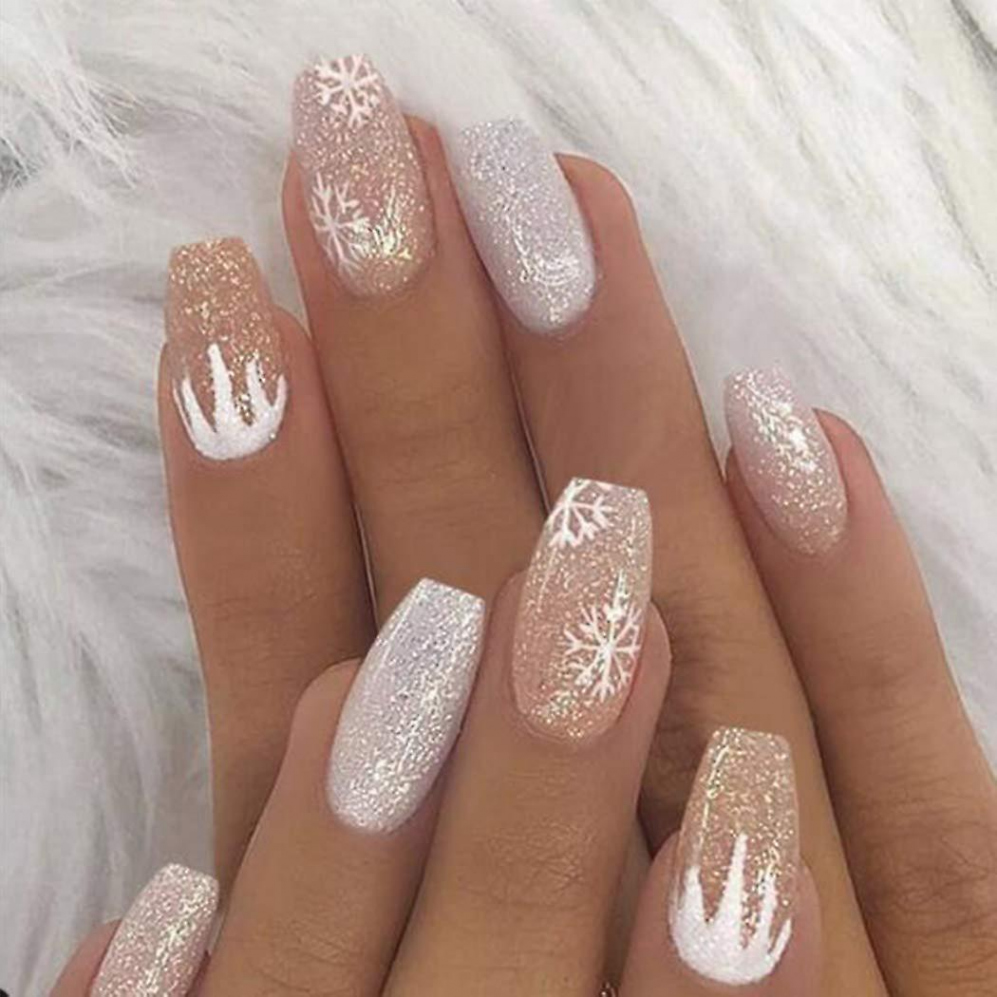 Press On Nails White Snowflake Coffin Fake Nails Christmas False