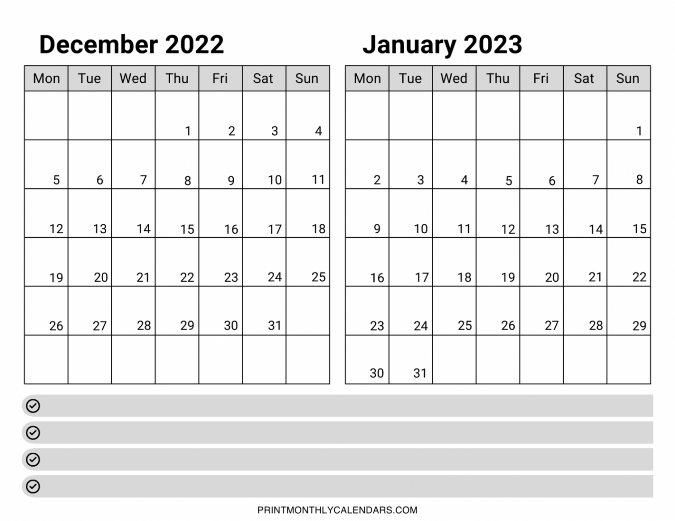 Printable Calendar December  January  in   Calendar