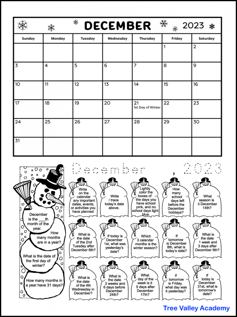 Printable December  Calendar & Kids Calendar Worksheets