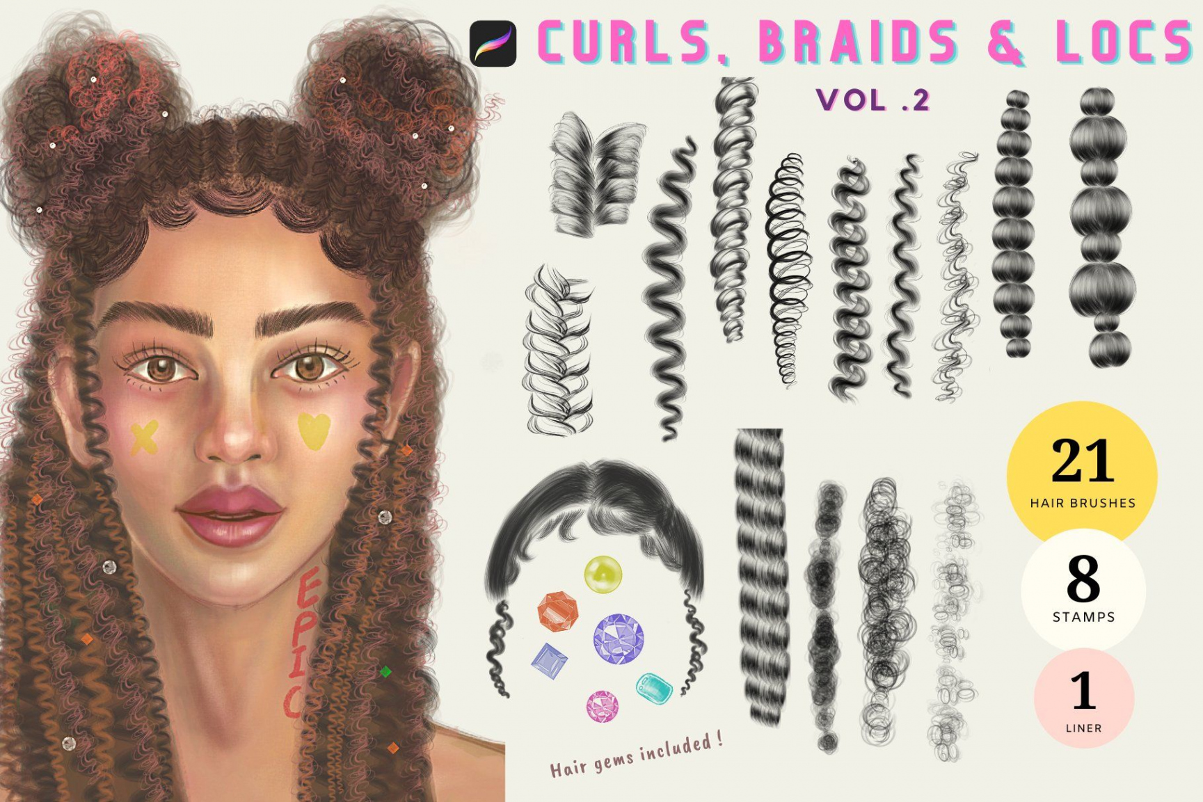 Procreate Hair brushes Curly Hair l  Curly hair brush, Hair brush