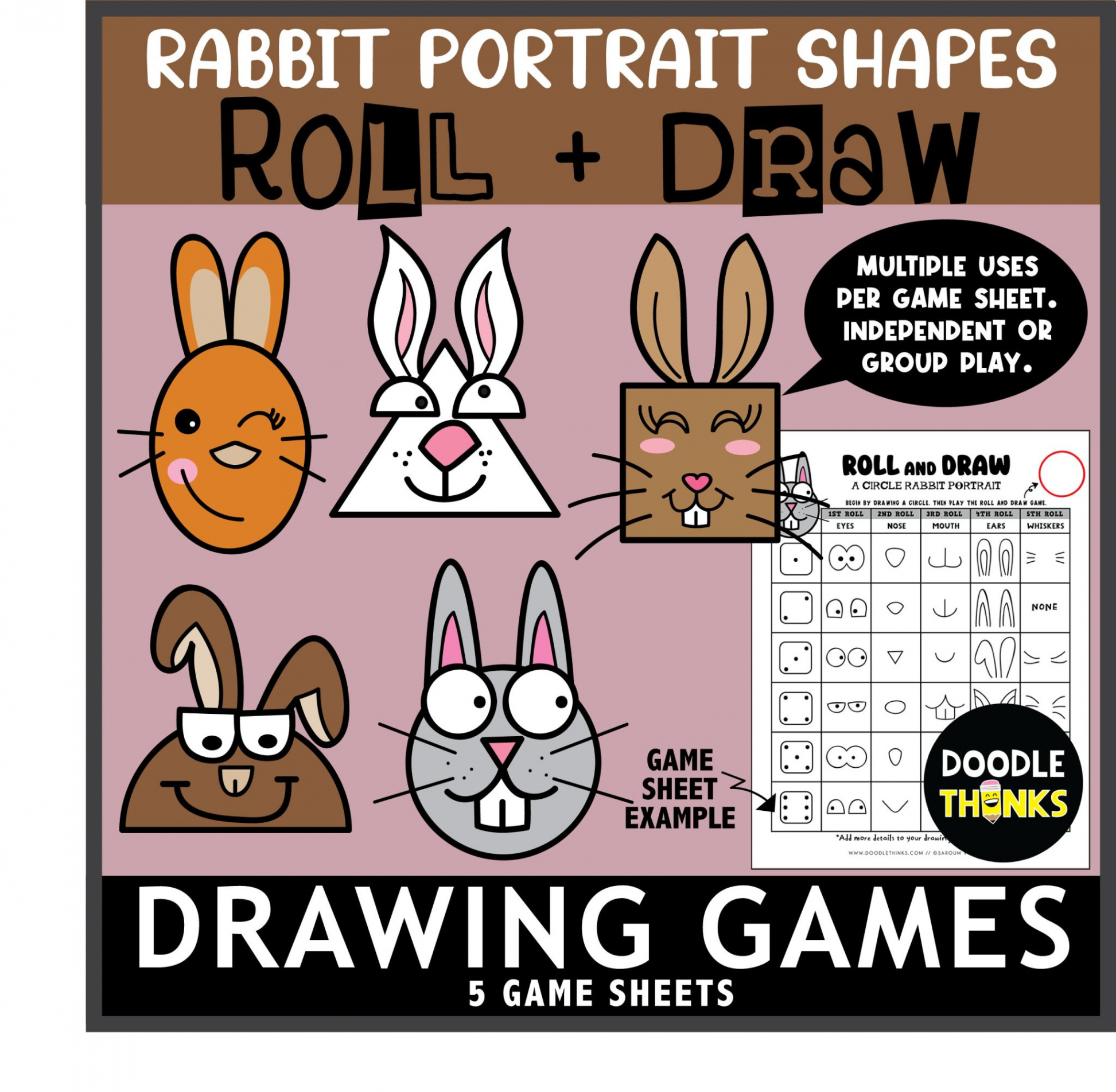 Rabbit Portrait SHAPES Roll and Draw Game Sheets  NO PREP Drawing  Activities