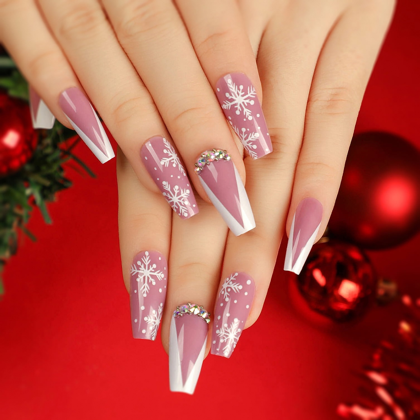 Rainsin Christmas Press on Nails Long with Pink and Water Diamond