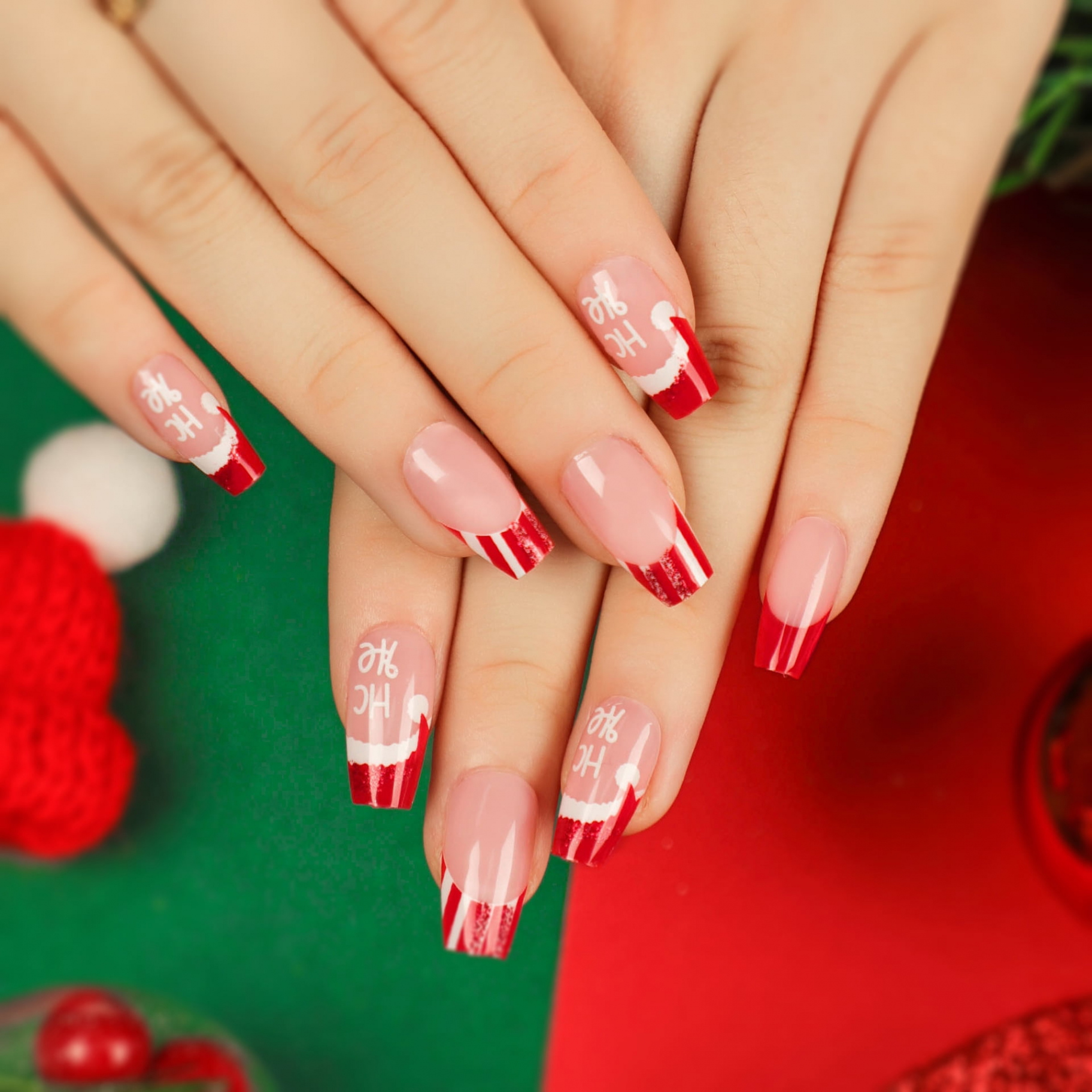 Rainsin French Fake Nails Design for Red Christmas Hat,Shiny red