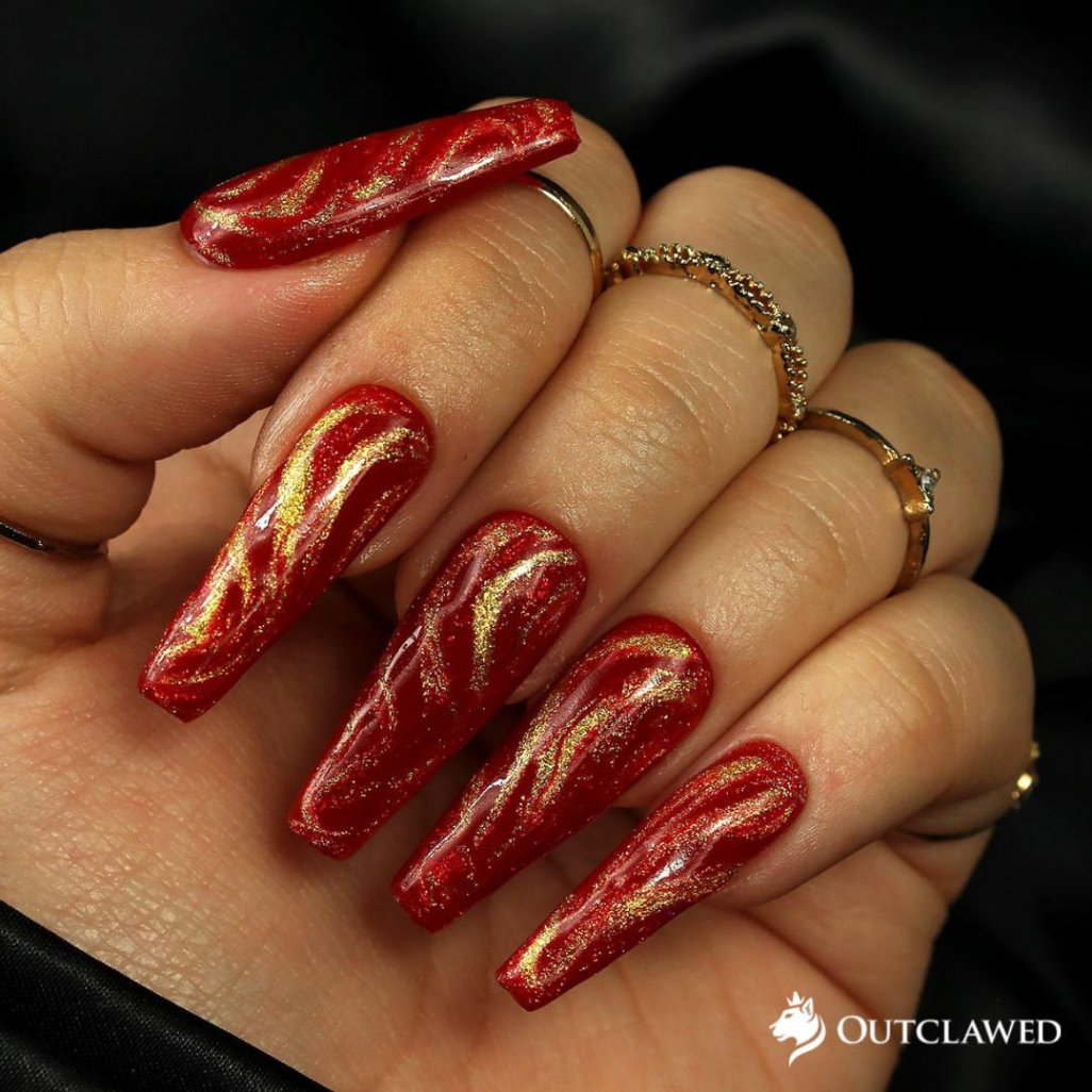 Red & Gold Swirl Glitter Nails Christmas Nails Glitter - Etsy