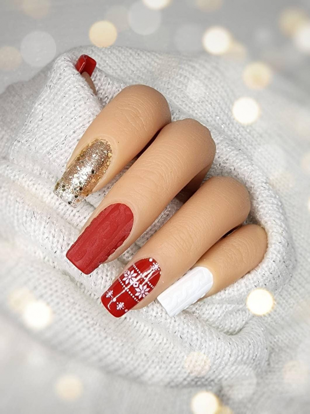 Red & White Christmas nails with Sweater Christmas nail art - Etsy