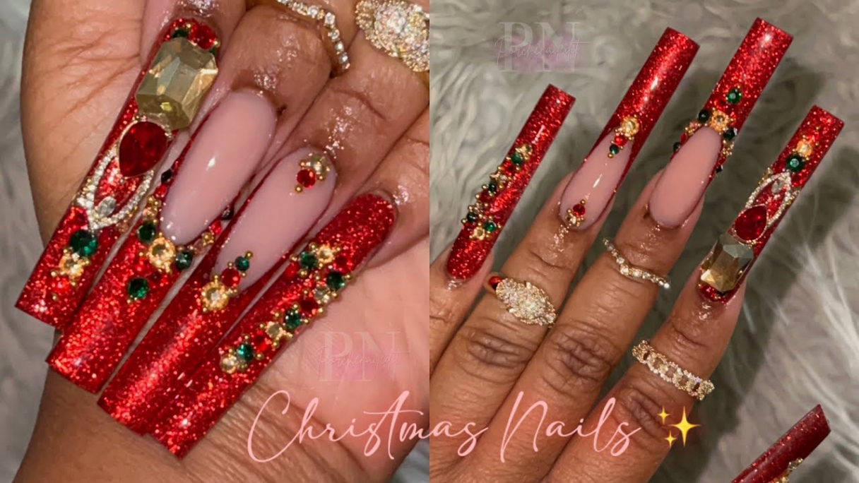 RED CHRISTMAS NAILS 🎄✨❤️  FRENCH TIP  BLING