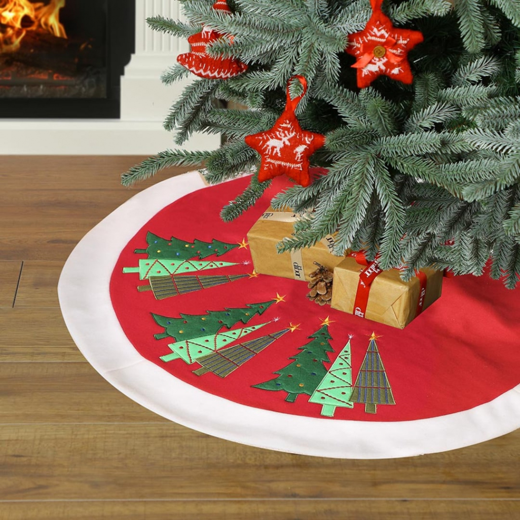 Red Fabric Christmas Tree Skirt Embroidered Tree Bottom Cover - Etsy