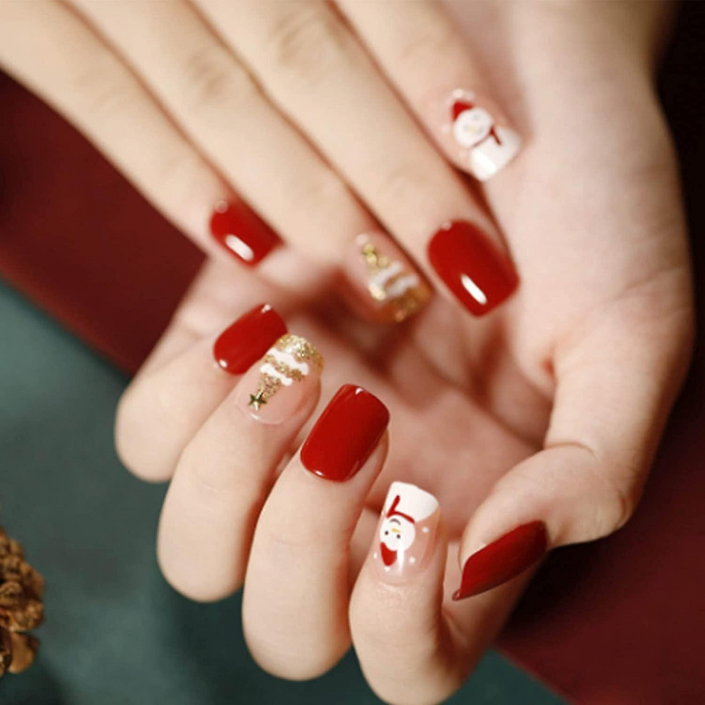 Red Press On Nails Short Christmas Decorations Square Fake Nails Cute Full  Cover False Nails For Women And Girlspcsjm