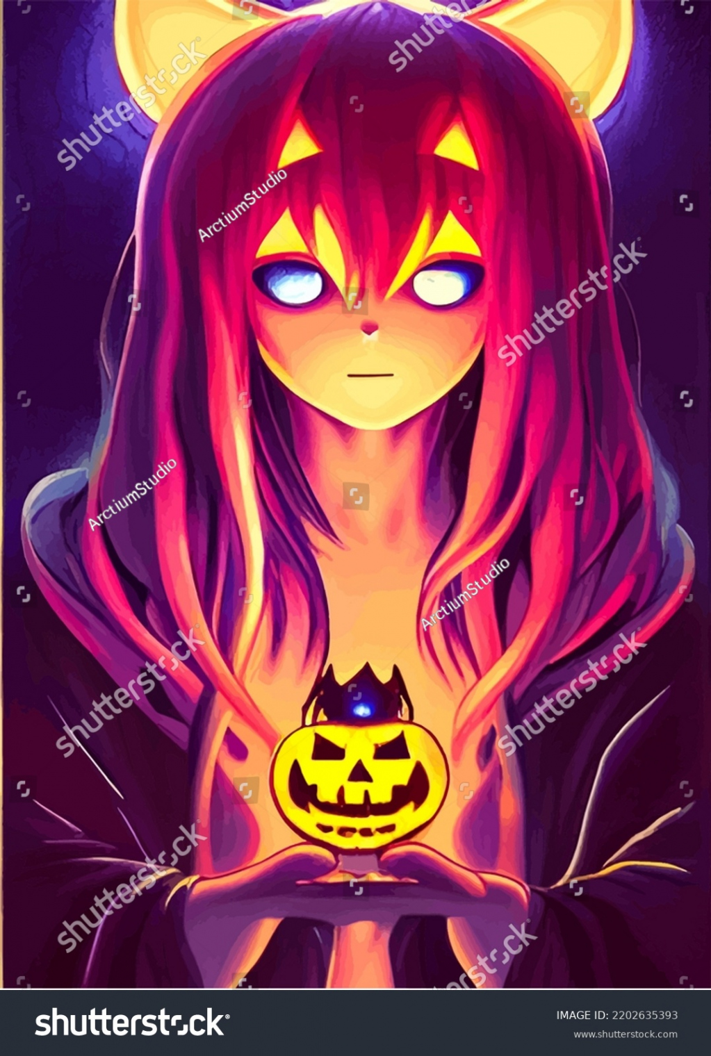 Redhaired Halloween Girl Vertical Drawing Anime Stock Illustration