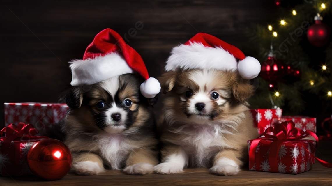 Santa Puppies Christmas Hat Wallpaper For Android Background