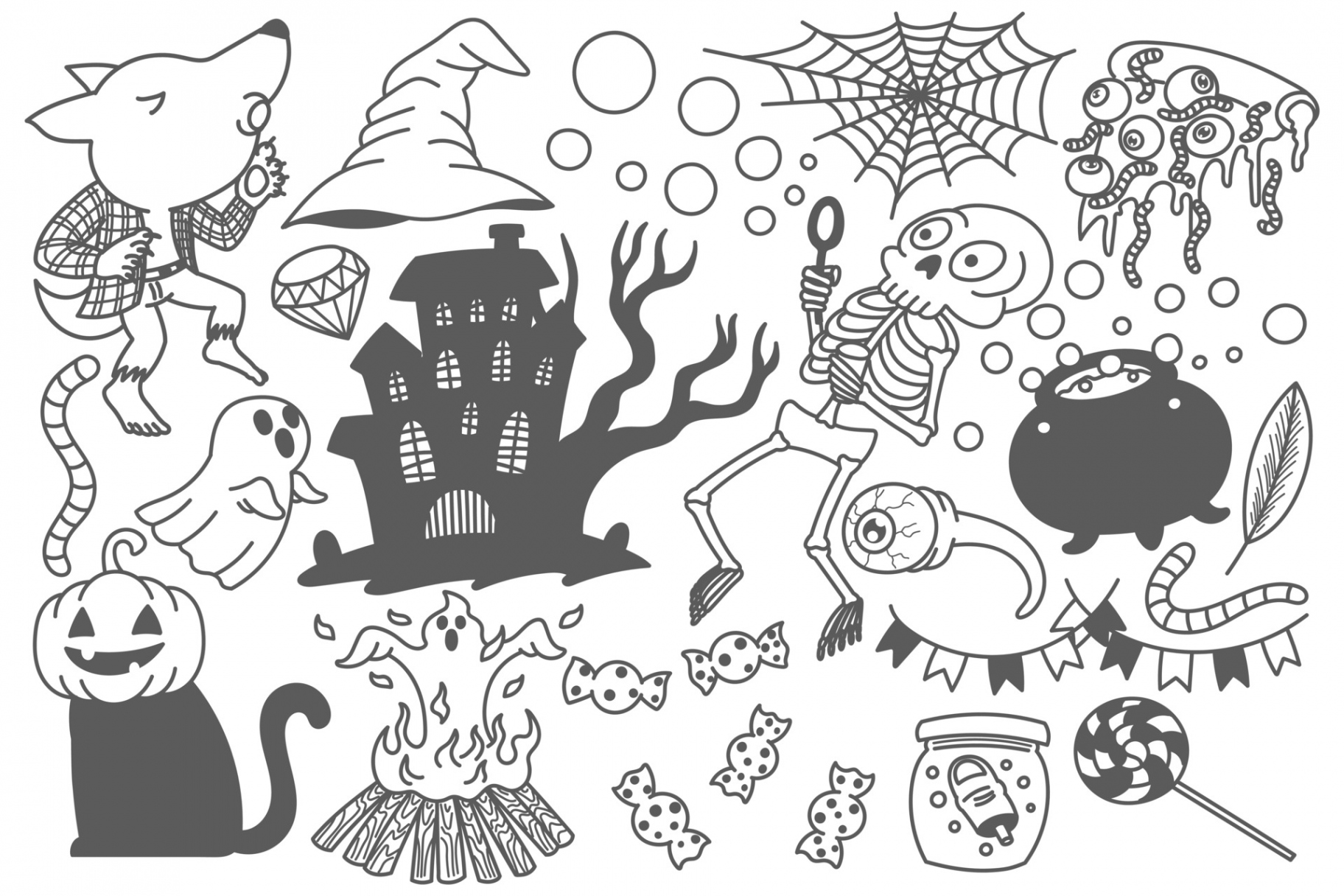 Satz von Halloween-Doodles-Elementen, Zeichnung, Cartoon, niedlich