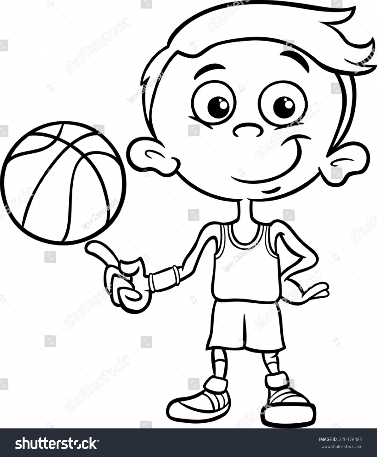 Schwarz-Weiß-Cartoon-Illustration des Funny Boy Basketball