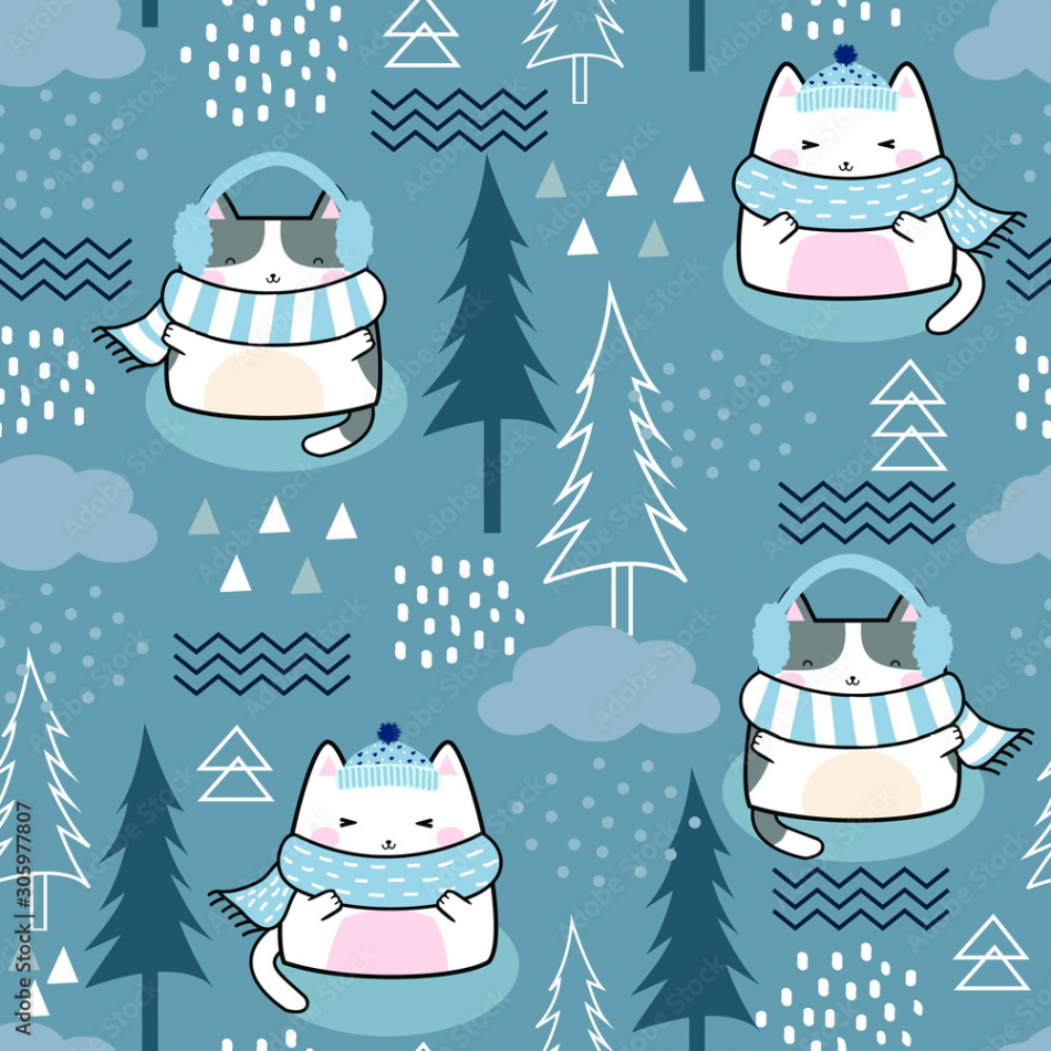 Seamless Christmas Kawaii Cute Cats Pattern, Cartoon Animals