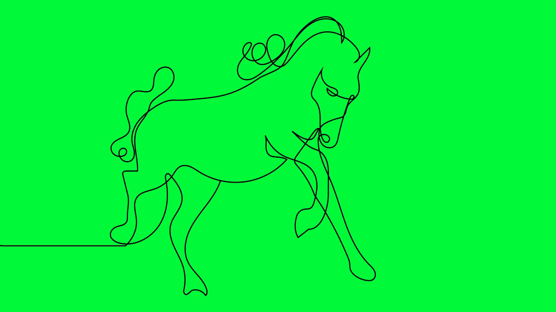 Self drawing animation of continuous one line drawing of isolated vector  object - horse on green screen