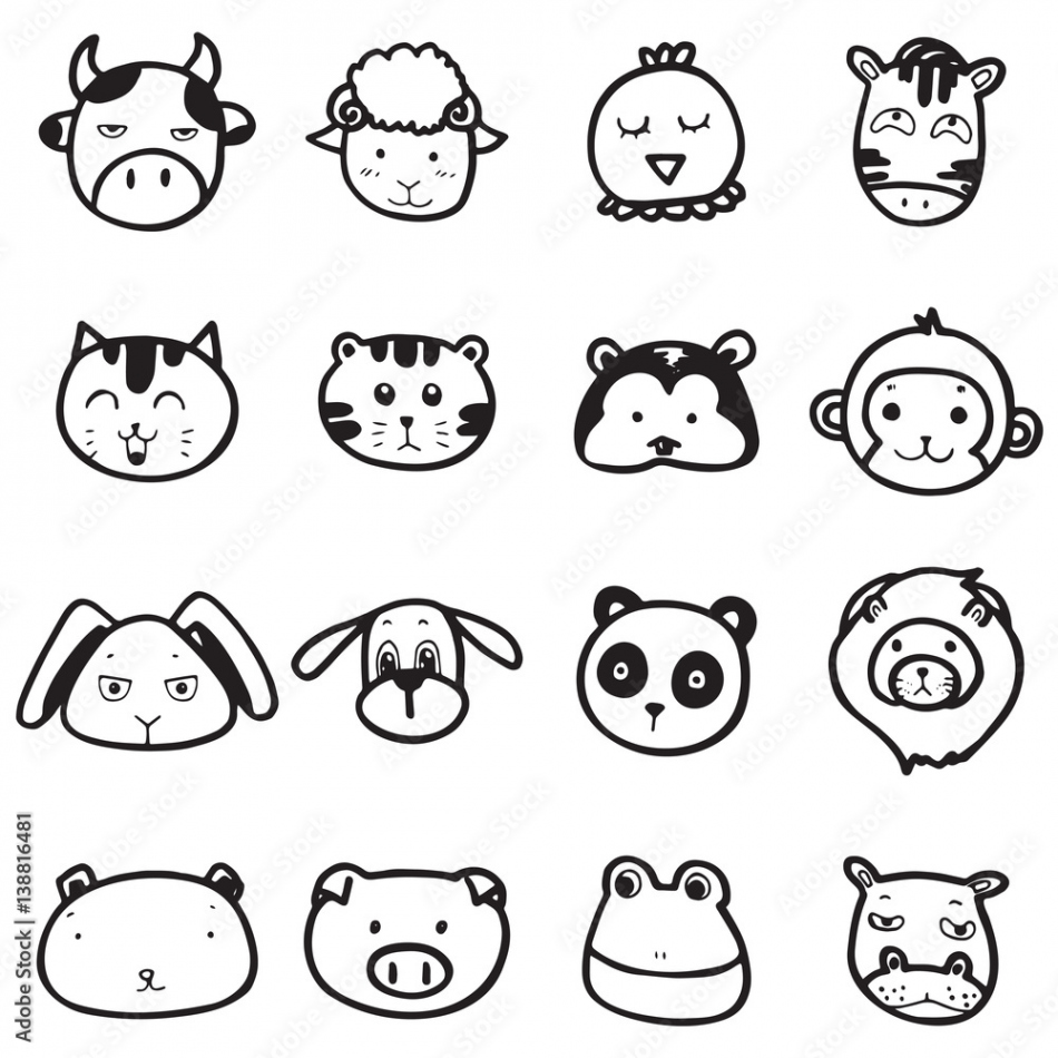 set of doodle drawing outline animal face vector on white