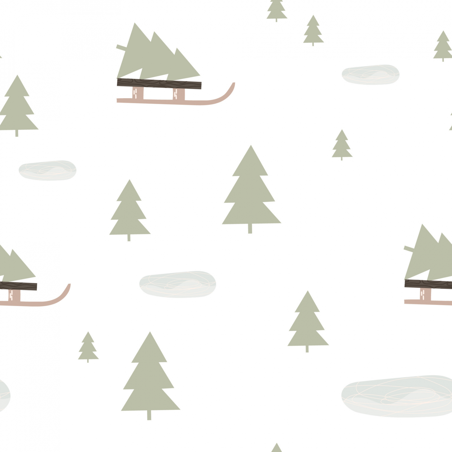 Simple winter seamless pattern with fir tree forest and sledge