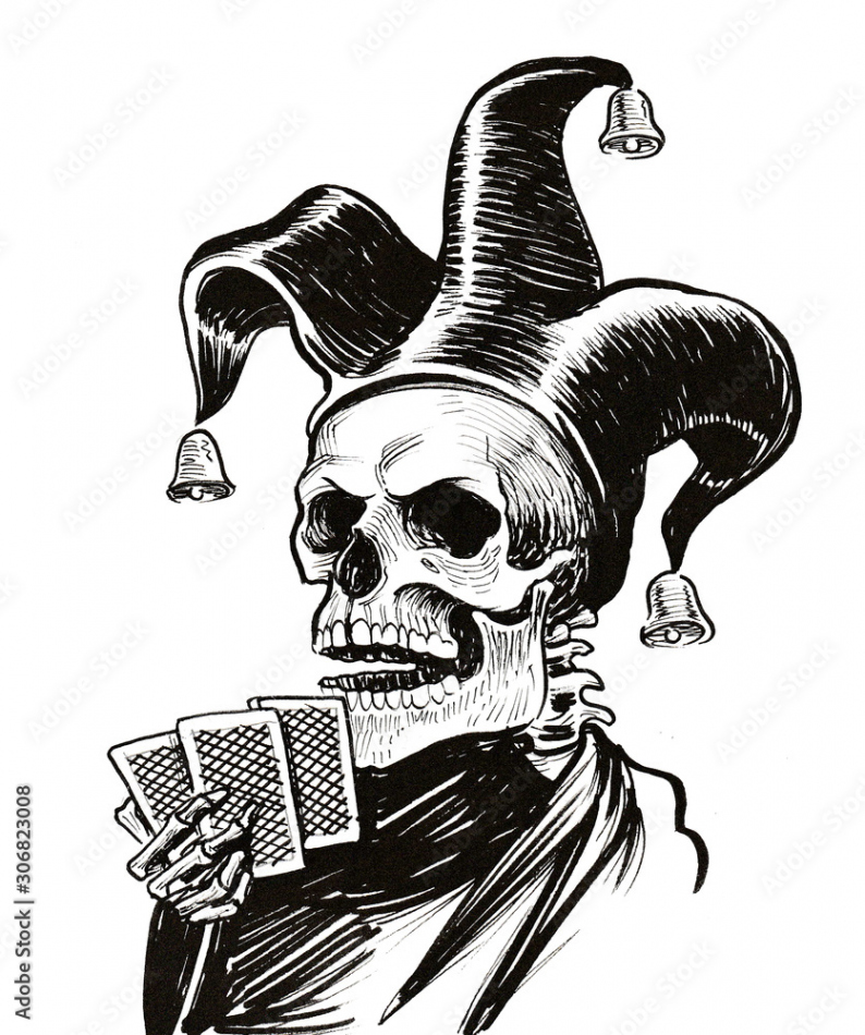 Skeleton in jester head holding cards