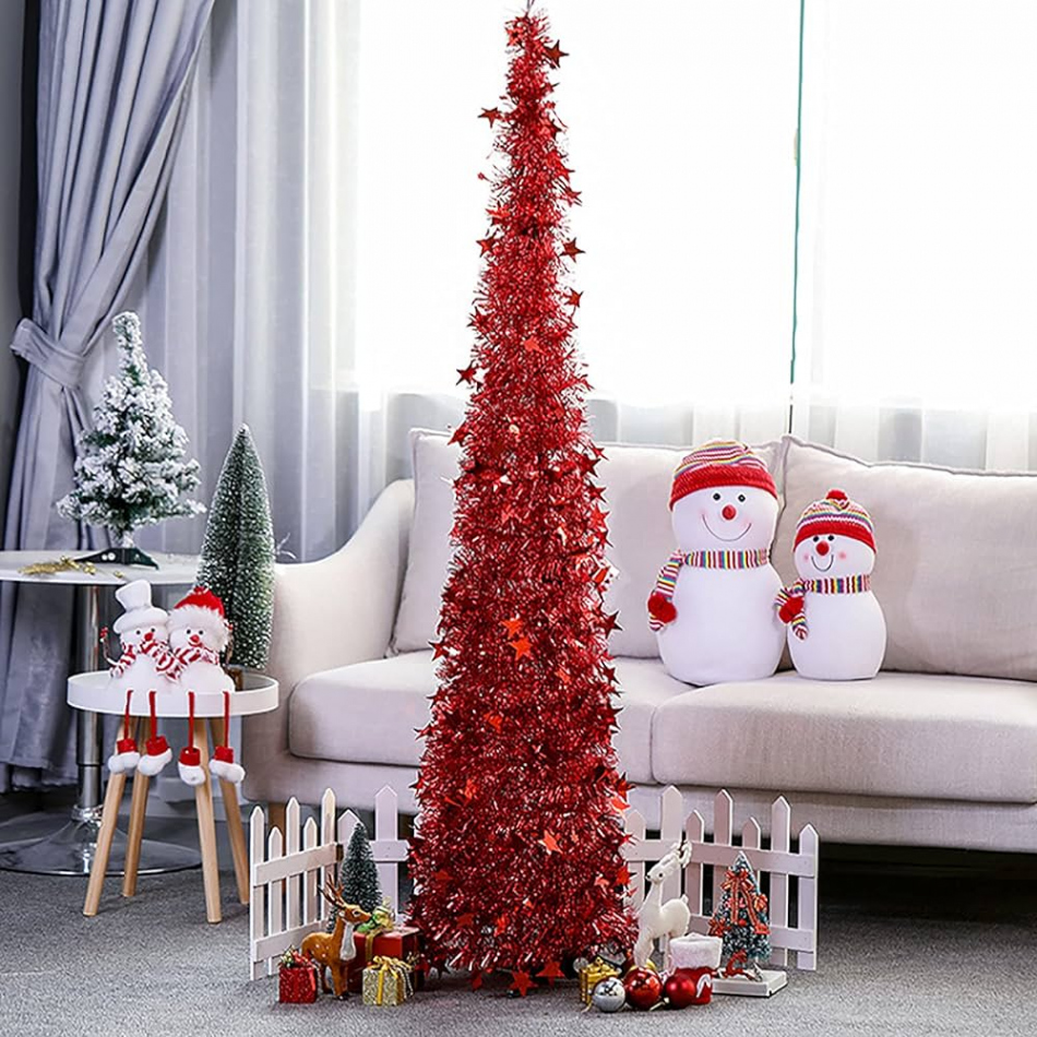 SMLJFO Tinsel Tree ft Slim Artificial Christmas Trees with Plastic Stand  for Fireplace Office Classroom Party Home Decor Red