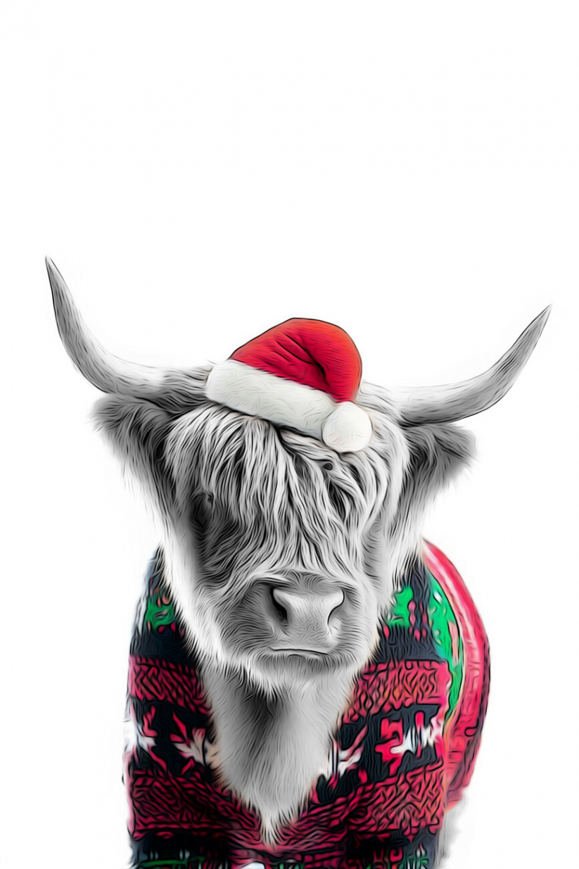 Sticker highland cow with christmas clothes