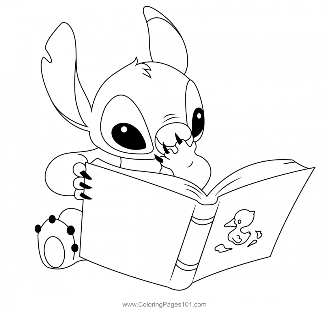 Stitch Reading Book Coloring Page in   Stitch coloring pages