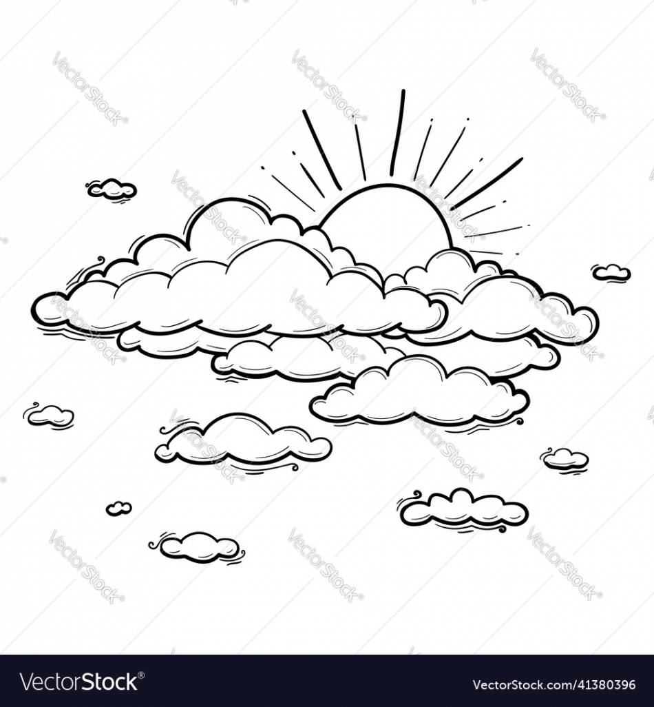 Sun and cloud drawing in engraving outline style Vector Image