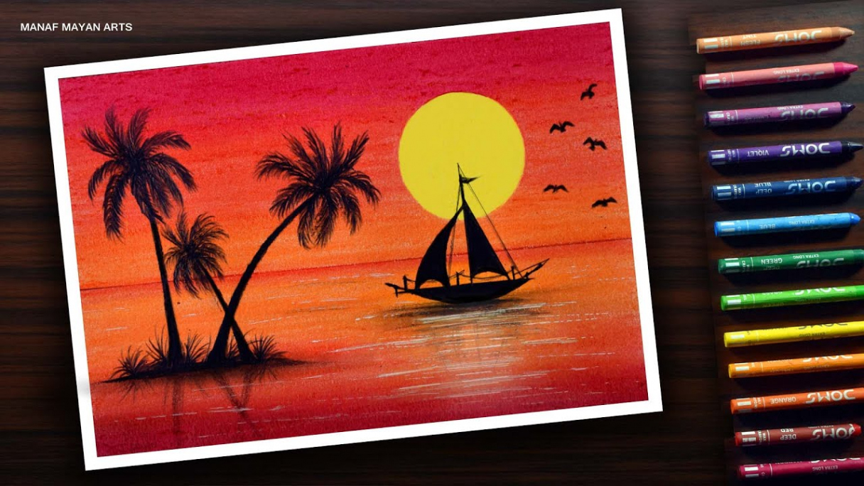 Sunset Scenery Drawing  Tutorial for Beginners with Wax Crayons #