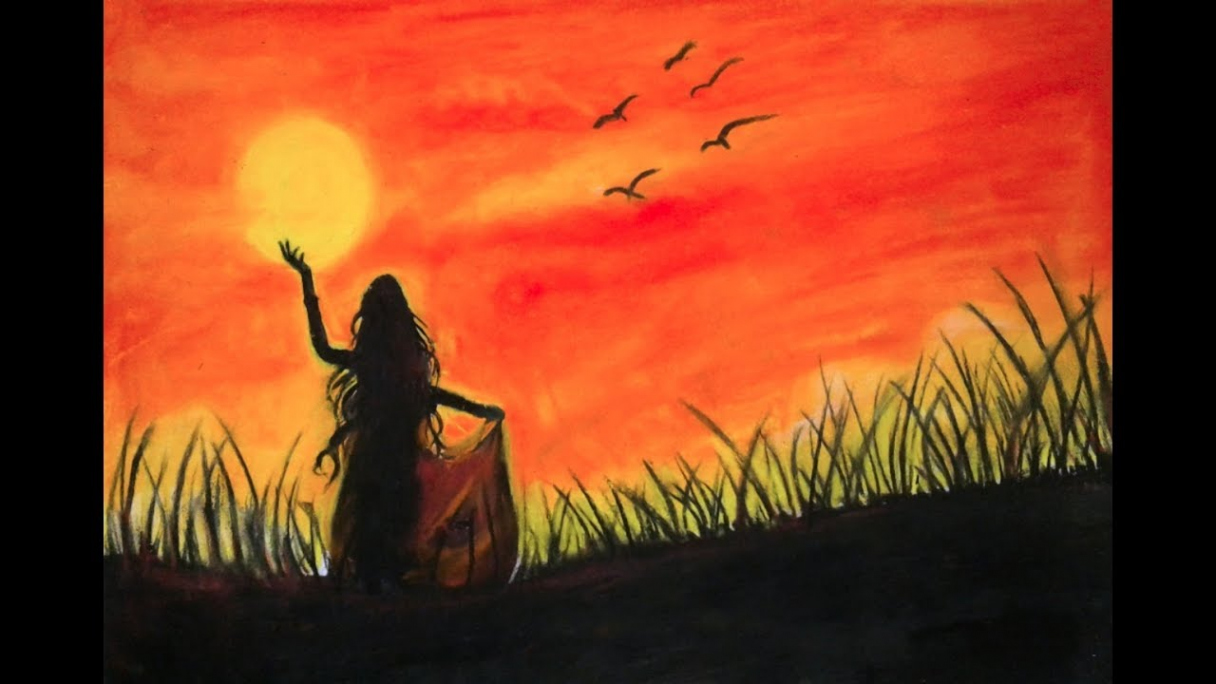 Sunset with girl drawing