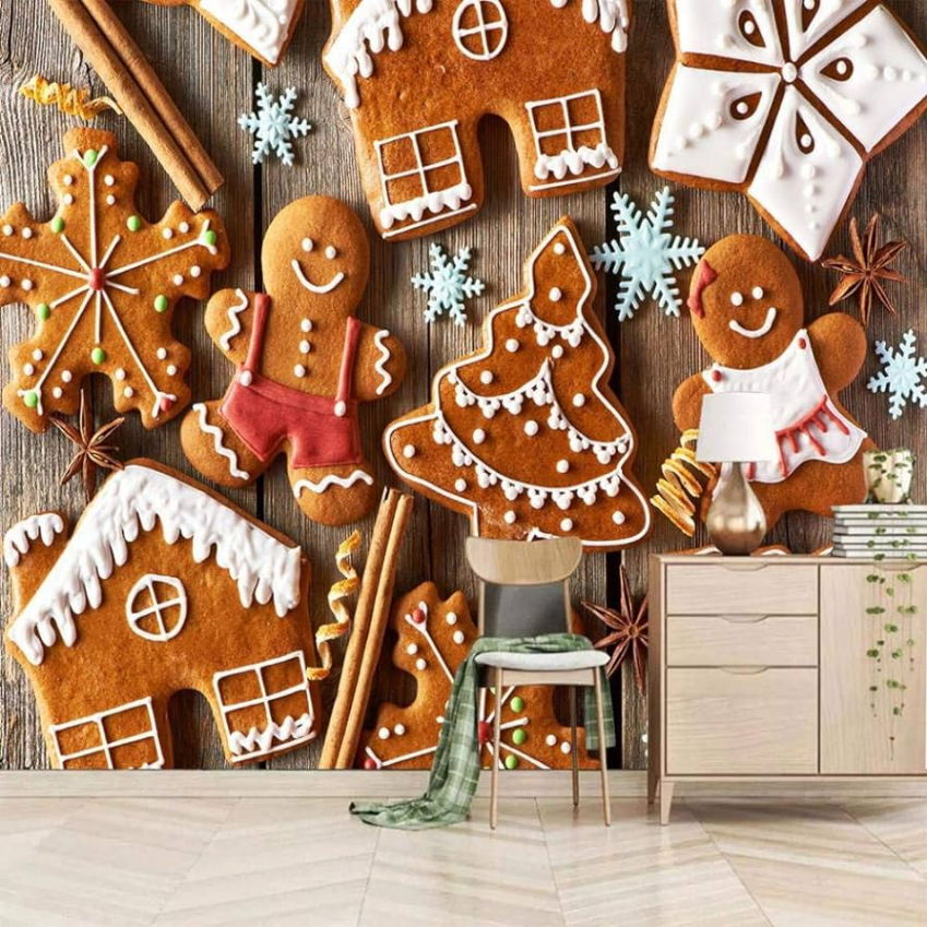 SUUKLI D Photo Wallpaper Christmas Gingerbread Man 50 x  cm Non-Woven  Wallpaper Living Room Bedroom Kitchen Hallway Office Modern Wall Decoration