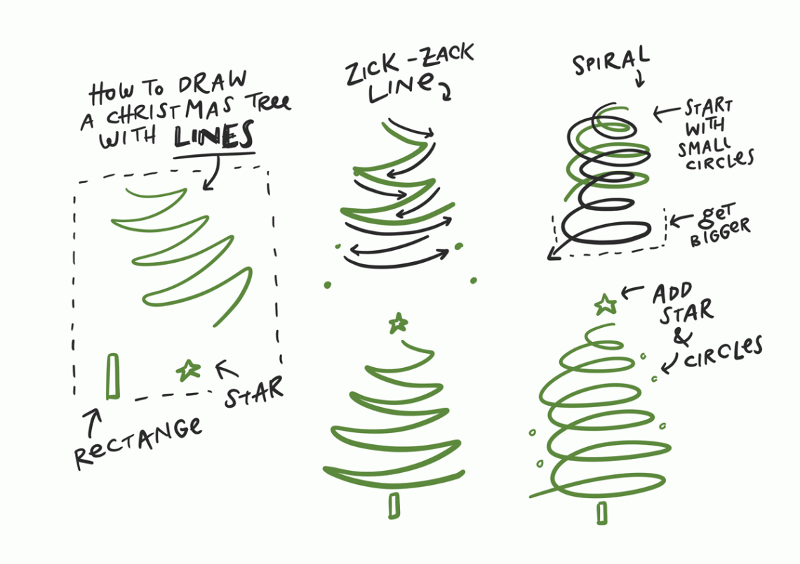 Three simple ways how to draw a christmas tree - Sketchnote Love