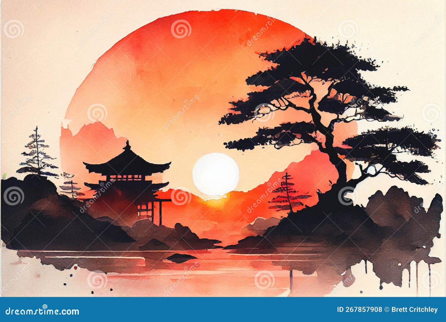 Traditional Japanese Japan Art Sunset Stock Illustration