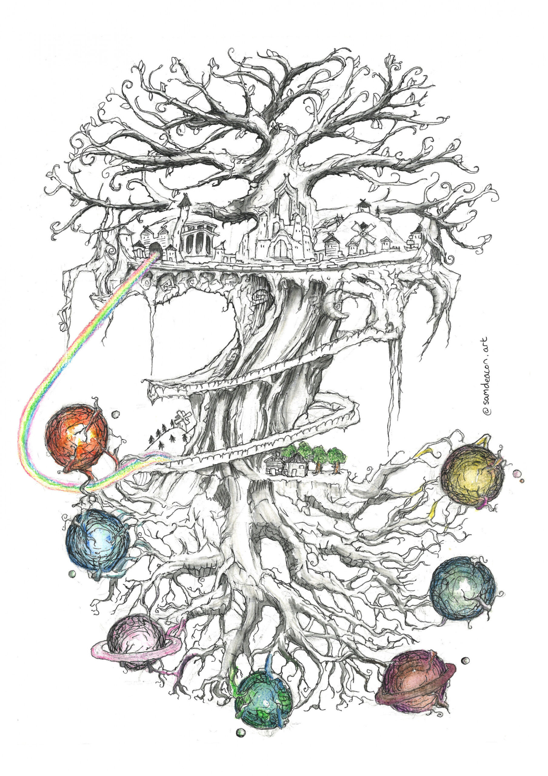 Tree of Life Digital Download Fantasy Ink Drawing Artwork, Norse