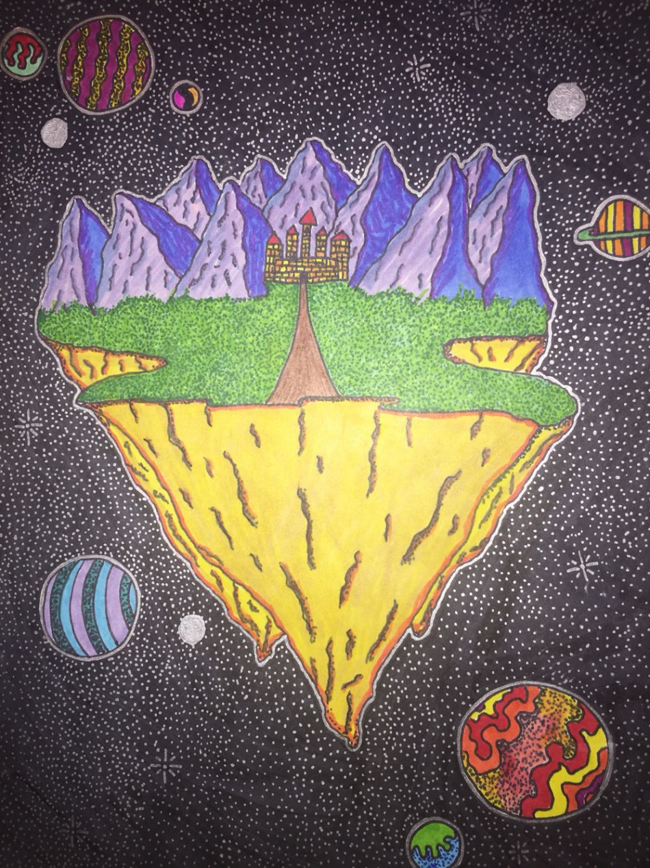 Trippy floating mountains and planets in space drawing  Space