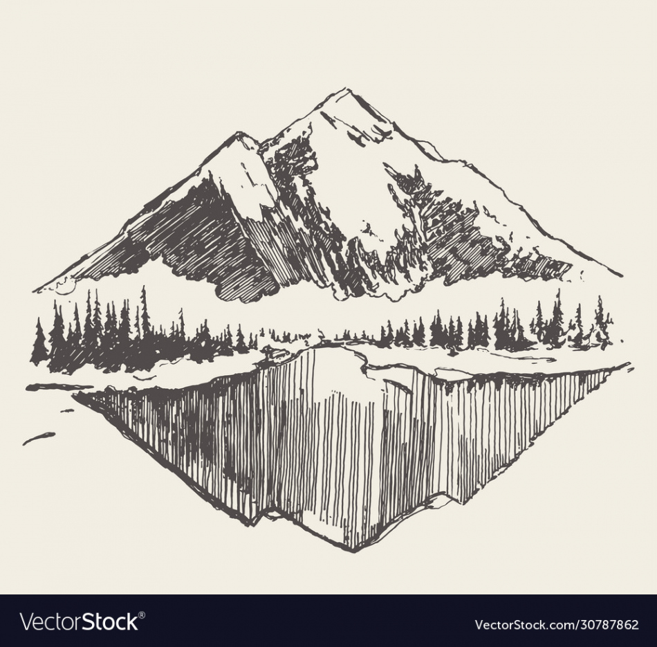 Two mountains spruce forest and lake sketch Vector Image