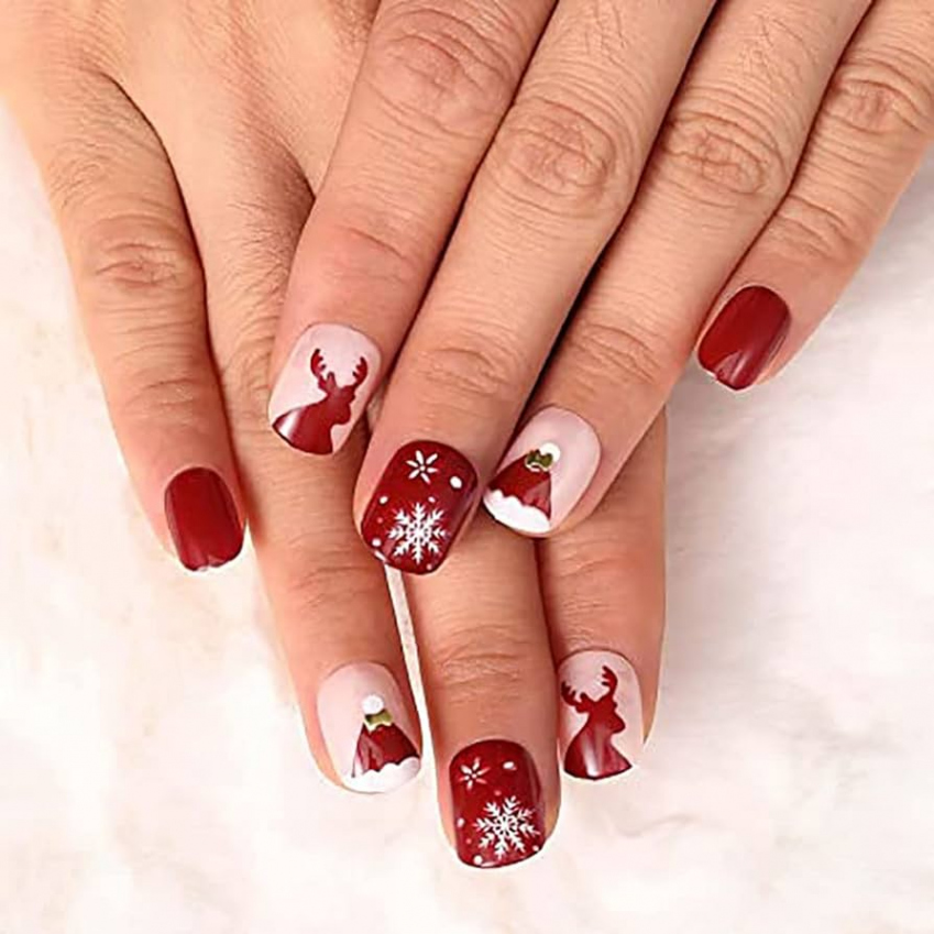 Vatocu Christmas Square False Nails, Short Red Snowflakes Elk