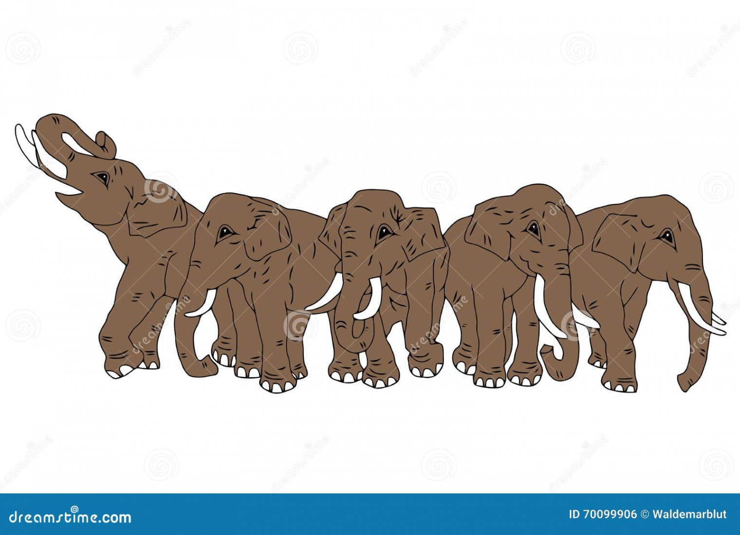 Vector Drawing of Group of Five Elephants on the Backgr Stock