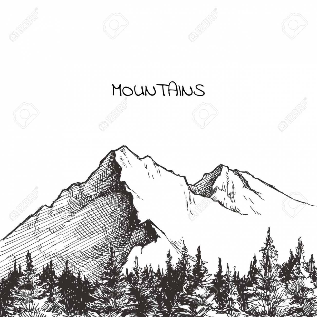 Vector Hand Drawn Landscape With Mountains And Forest