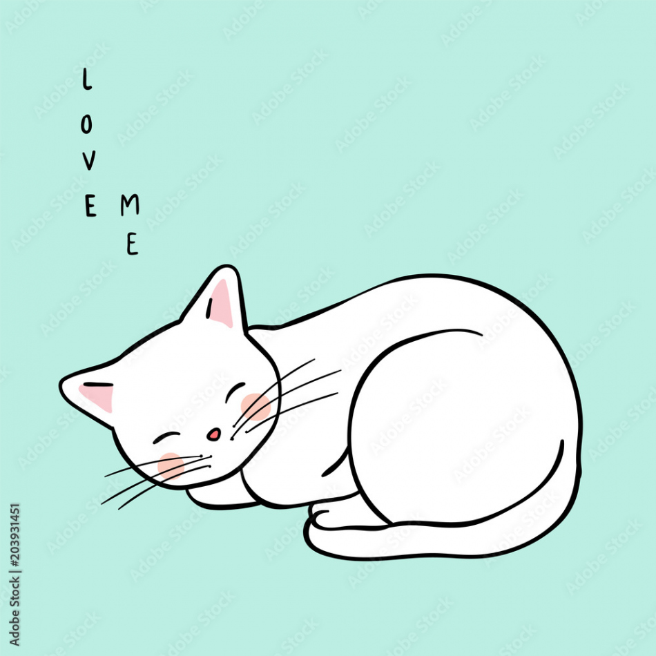 Vector illustration character design white cat sleeping on green