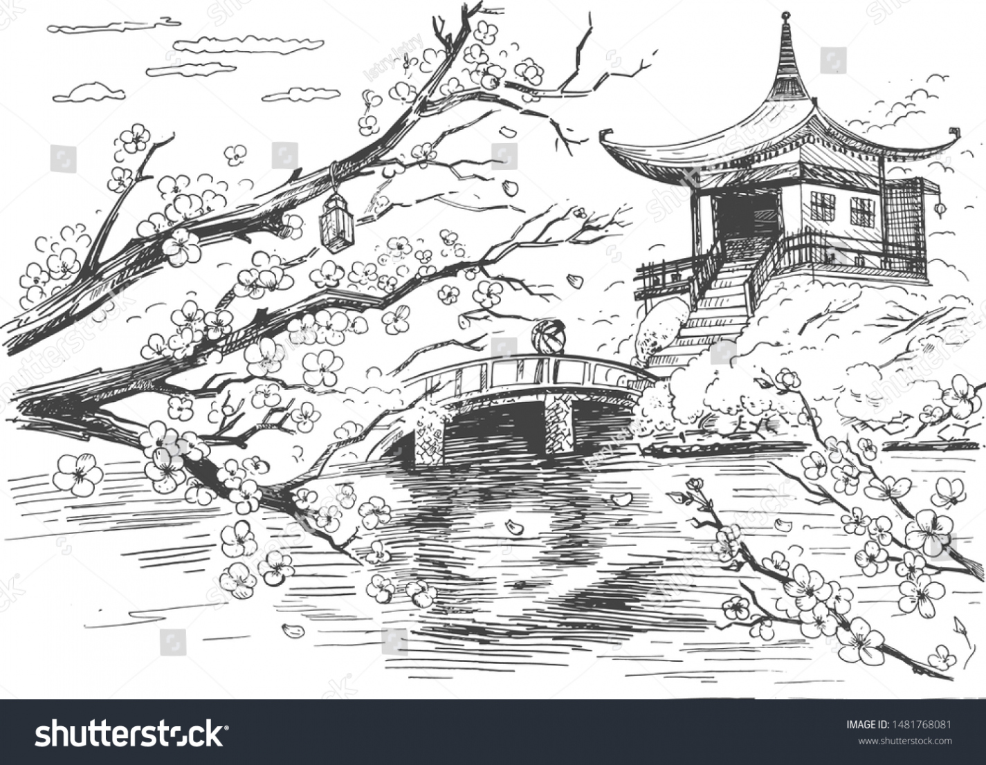 Vector Illustration Japanese Traditional Landscape Sakura Stock