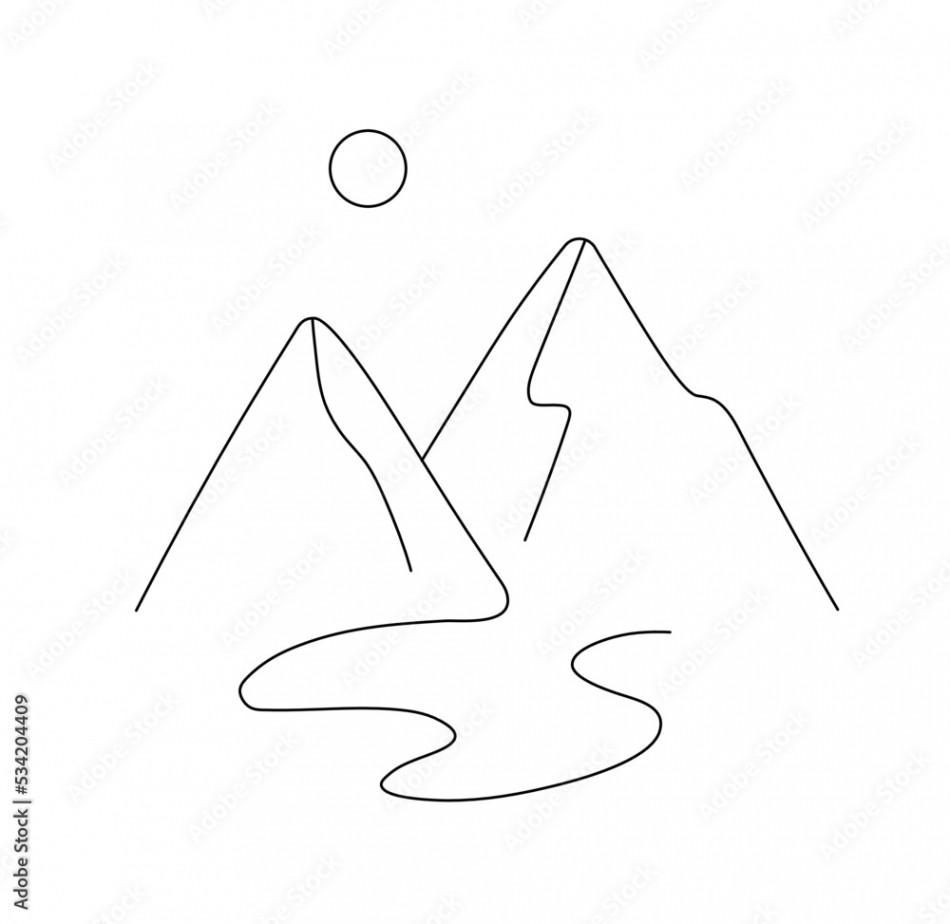 Vector isolated two mountains lake and sun colorless black and