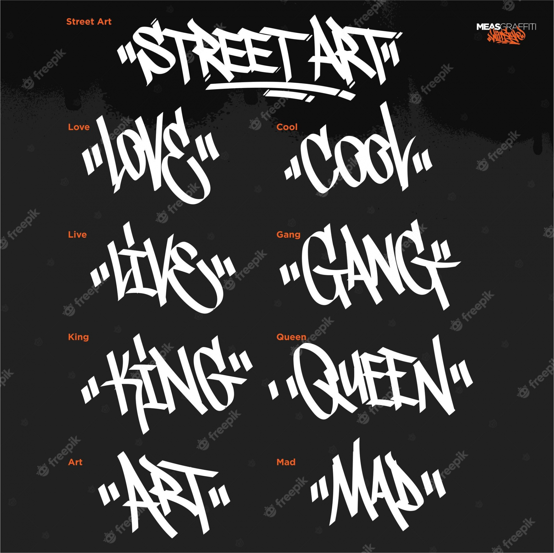 Verschiedene texte in urbanen street-art-themen im graffiti-tag