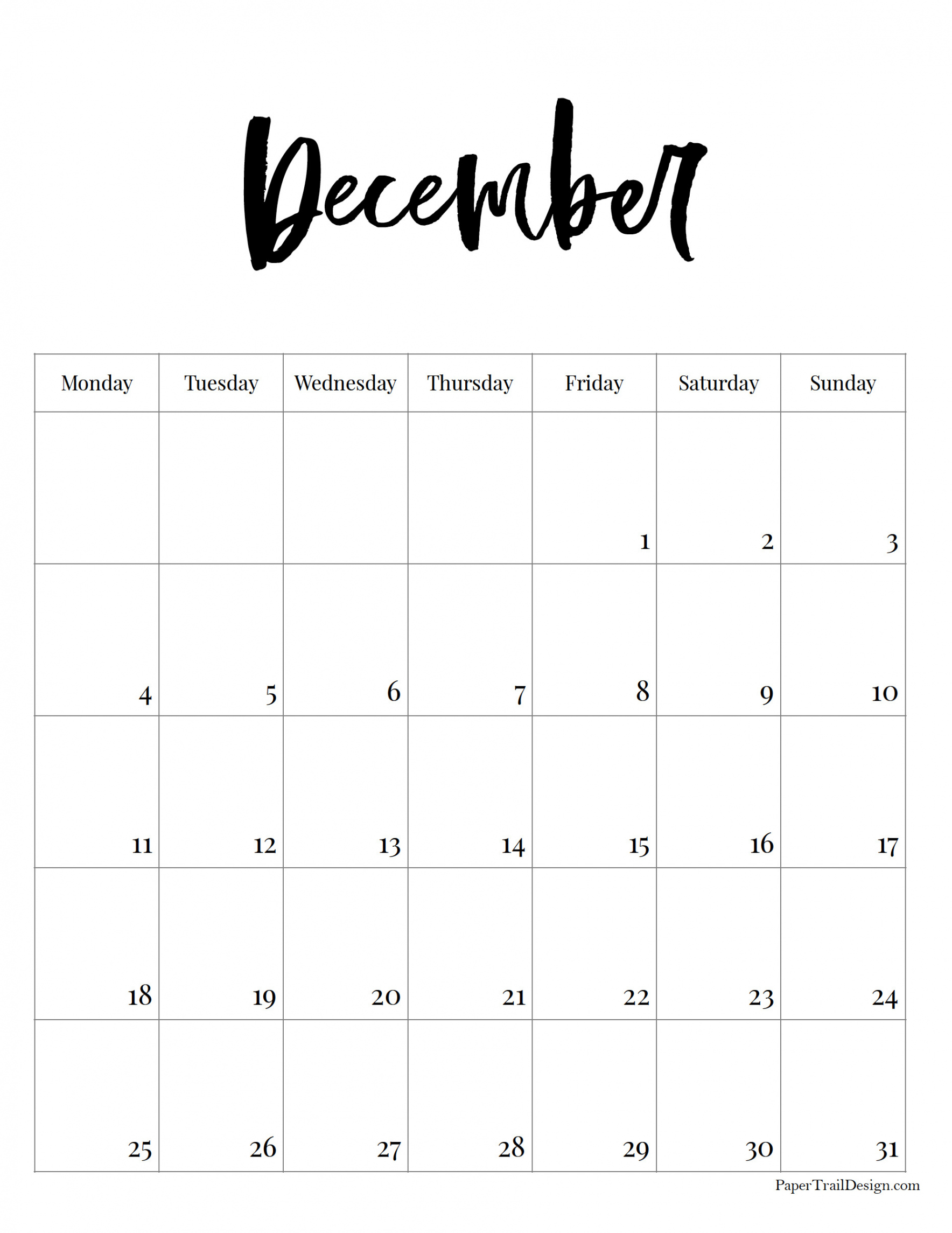 Vertical  Monday Start Calendar - Paper Trail Design