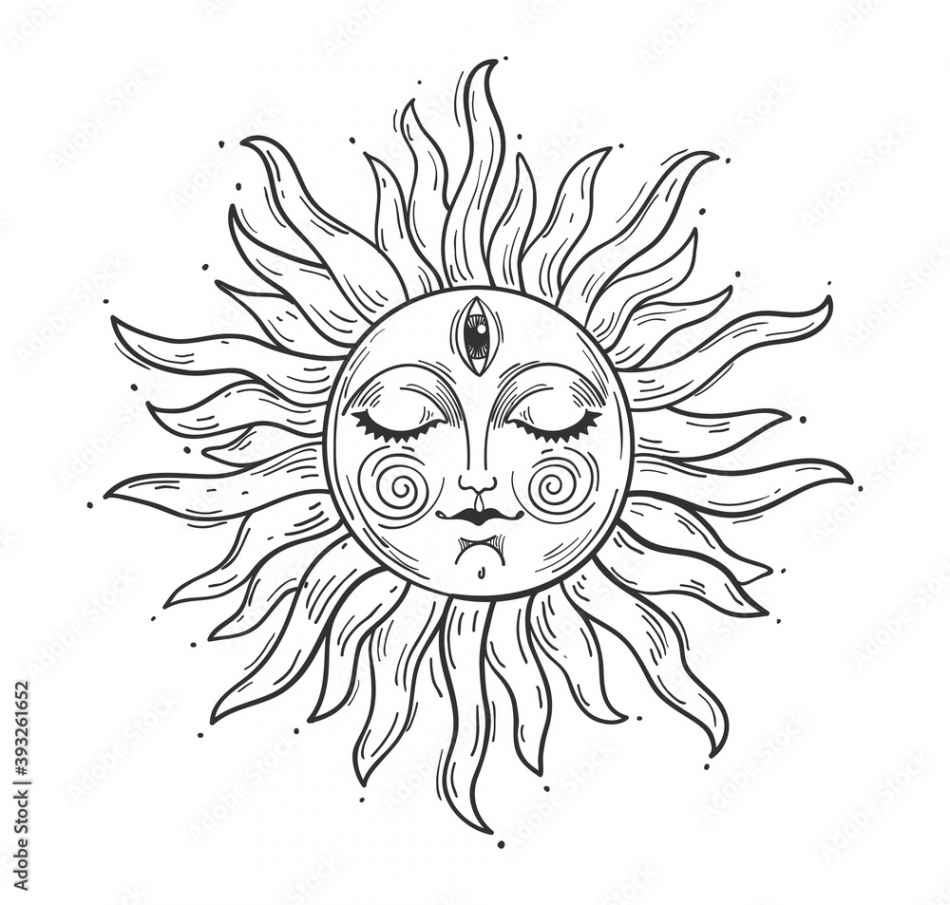 Vintage style illustration, sun with a face, stylized drawing