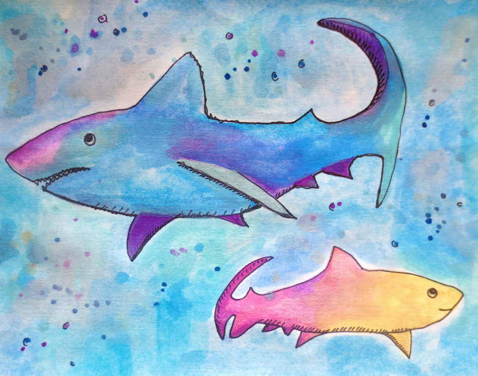 Watercolor Sharks and Free Shark Drawing Guide/Coloring Pages