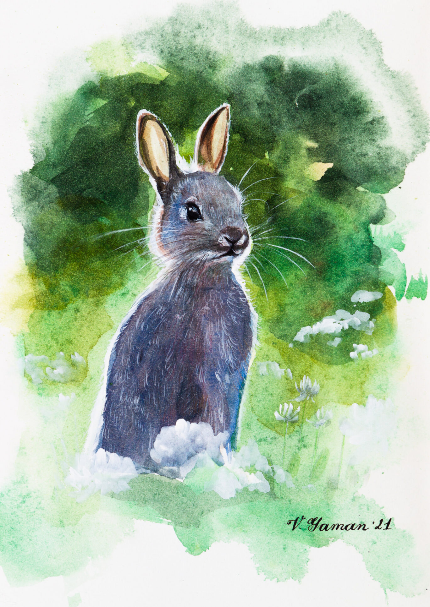 Watercolor wild rabbit. Baby. Green background.