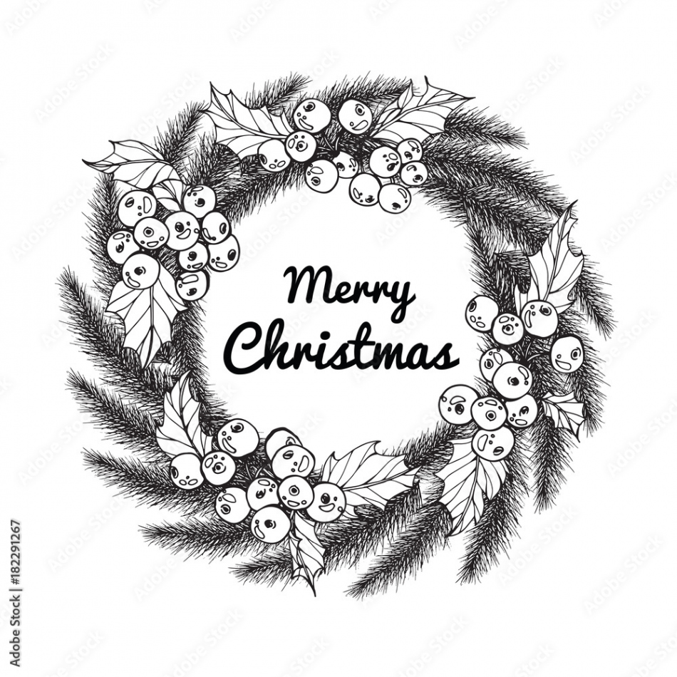 Wreath flower drawing illustration for Merry Christmas