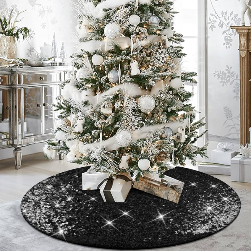 yuboo Black Christmas Tree Skirt  Inch Sequins Double Layer Christmas  Tree Mat for Halloween Ornaments Decorations